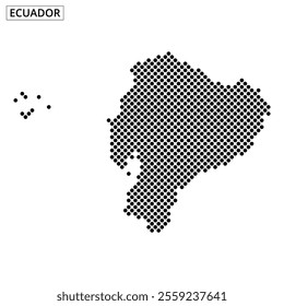 The artwork showcases a detailed map of Ecuador with a unique dot pattern, highlighting the nation's geographic outline and key regions.