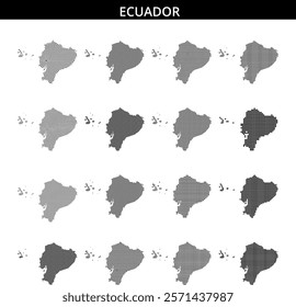 The artwork showcases a detailed map of Ecuador with a unique dot pattern, highlighting the nation's geographic outline and key regions.