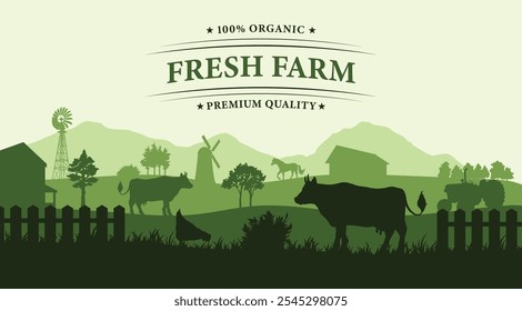 The artwork showcases a lush, organic farm with silhouettes of cows, a windmill, and trees set against rolling mountains, creating a serene rural atmosphere.