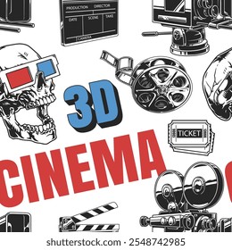 The artwork showcases a pattern of various cinema-related objects including classic film reels cameras and skulls wearing 3D glasses. The bold text emphasizes the theme of cinema.