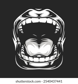 The artwork showcases a stylized depiction of a wide-open mouth emphasizing detailed teeth and a bold contrast against a dark background. The striking design captures attention.