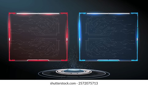 The artwork showcases two high-tech digital interface panels, one red and one blue, glowing against a black backdrop