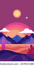 Artwork showing sunset over mountains under colourful sky