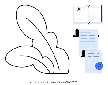 The artwork shows abstract leaves, an open book, and a document with a checkmark. Ideal for education, nature themes, organization, productivity, and eco-friendly designs. Minimalist vector style