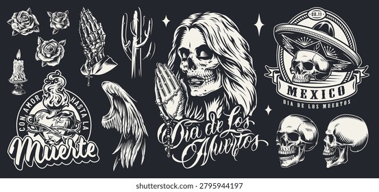 The artwork shows elements associated with the Day of the Dead. It includes skulls flowers and candles. This reflects traditions related to honoring deceased loved ones in Mexico.