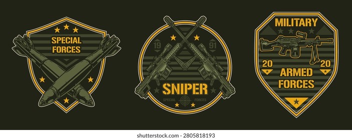 The artwork shows three distinct military logos. Each logo represents different military specialties such as special forces snipers and armed forces. Each design features weapons and stars.