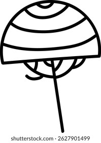 The artwork shows a tree with a striped, rounded crown and a thin stem.  A sketched lollipop-like plant stands on a single stalk, boasting a patterned head.