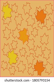 Artwork with some maple leaves with different colors and some out lines of leaves 