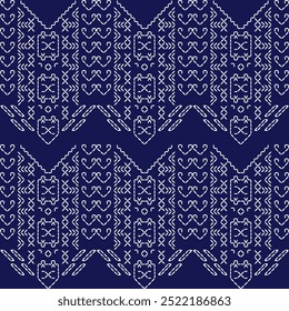 artwork stitch embroidery Sashiko abstract seamless ornament Japanese white line  indigo blue background vector design template decoration hand drawn print needle work quilt fabric geometric pattern

