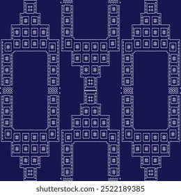 artwork stitch embroidery Sashiko abstract seamless ornament Japanese white line  indigo blue background vector design template decoration hand drawn print needle work quilt fabric geometric pattern

