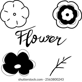 Artwork of stylized flowers and leaves with minimalistic designs, accompanied by handwritten-style typography. Suitable for decoration, graphic design, and creative projects.