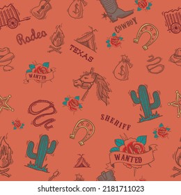 Artwork terracotta background color, seamless design. Wild west, cowboy, country art, seamless pattern design, surface design