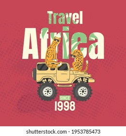 Artwork Traveling to Africa with a  leopards Wear sunglasses on the truck zoo vector format wild animals separated Coconut treetropical  on red background.