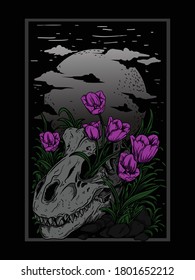 artwork and t-shirt design illustration t-rex skull and lily flower premium vector