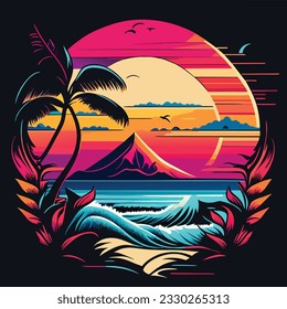 artwork of t-shirt graphic design, flat illustration of one retro aggressive summer 