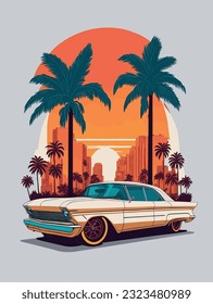 Pintura de camiseta retro coche en calor, diseño gráfico, coche , calle , coloridos tonos, sin vector de fondo