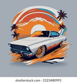 Artwork of t-shirt retro car in heat,graphic design,car , street , colorful shades,without background vector