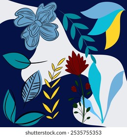 The artwork utilizes a dark blue background and incorporates organic shapes and lines for a dynamic and expressive effect