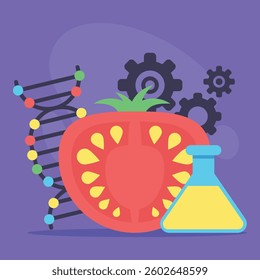 Artwork of vibrant tomato next to laboratory flask and DNA strand. Gears representing innovation in science. Genetic engineering in agriculture concept