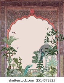 Art,Work,Door,In,City,Palace,Jaipur,,India, Mughal wedding Invitation. Mughal Garden Illustration, Peacock, Mughal Arch.