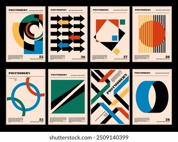 Artworks, posters inspired postmodern of vector abstract dynamic symbols with bold geometric shapes, useful for web background, poster art design, magazine front page, hi-tech print, cover artwork.