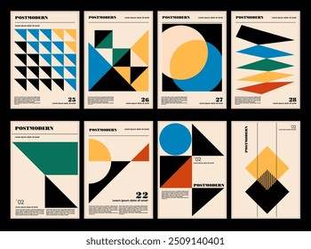 Artworks, posters inspired postmodern of vector abstract dynamic symbols with bold geometric shapes, useful for web background, poster art design, magazine front page, hi-tech print, cover artwork.