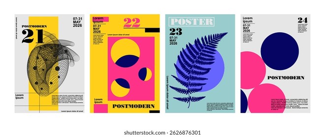 Obras de arte, carteles inspirados postmodernos de símbolos dinámicos abstractos de Vector con Formas geométricas audaces. Imágenes de fondo para portada, Anuncio, póster. Estampado de camiseta