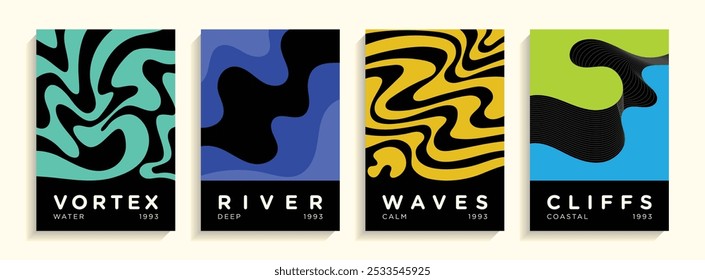 Artworks retro poster design background vector dynamic waves geometric shapes. Book cover design set isolated fit for magazine, wall decoration artworks print A3, A4, A5 size