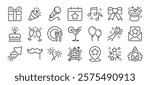 arty, celebration and event planning editable stroke outline icons set isolated on white background flat vector illustration. Pixel perfect. 64 x 64.