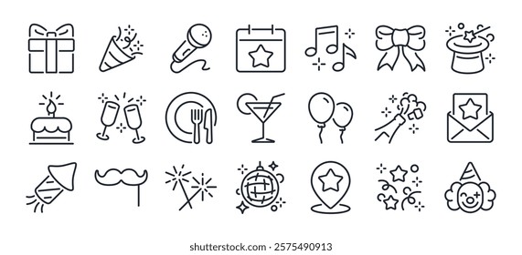 arty, celebration and event planning editable stroke outline icons set isolated on white background flat vector illustration. Pixel perfect. 64 x 64.