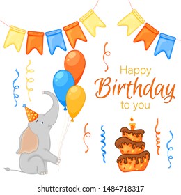 arty set with elephant and colorful items on a white background. Inscription "Happy Birthday". Multicolored. Vector.