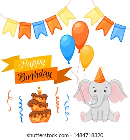 arty set with elephant and colorful items on a white background. Inscription "Happy Birthday". Multicolored. Vector.