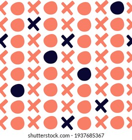 Arty xoxo, love, kiss hug, hugs and kisses seamless pattern. Modern hand drawn geometric stylized X O letter. Typographic shapes stylish minimal coral red navy blue graphic wrapping paper wallpaper