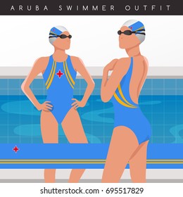 Aruba : Female Swimmers : Swimmers in National Swimsuits : Vector Illustration