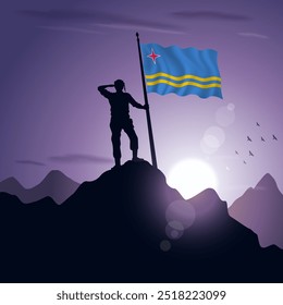 Aruba Flag hoisted on a mountain peak with a purplish sunset in the background, vector illustration