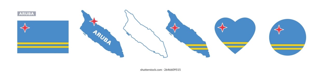 bandeira de aruba e conjunto de mapas. bandeira de aruba em cores oficiais e proporções. dia da independência, mapa, círculo e aruba em forma de coração	