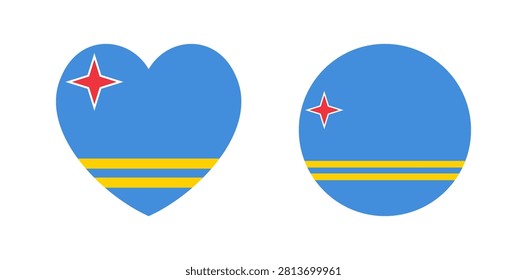 Aruba flag round, heart icon, sticker. Flag of Aruba island heart, circle badge, button. National flag Aruba banner, background.