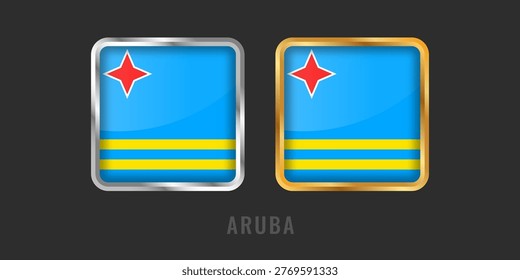 Aruba Flag Square 3D Glossy Icons with Gold and Silver Borders