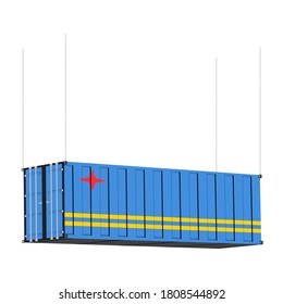 Aruba flag symbol on cargo containers hang by chain, the concept import and export transport business of country.