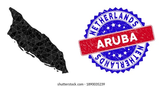 Aruba Island map polygonal mesh with filled triangles, and textured bicolor stamp print. Triangle mosaic Aruba Island map with mesh vector model, triangles have various sizes, and positions,