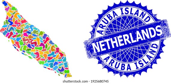 Aruba Island map vector image. Splash collage and corroded mark and Aruba Island map. Sharp rosette blue mark with text and Aruba Island map.