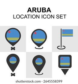 Aruba location icon set with map pins and flag elements. Ideal for Caribbean travel and map applications.