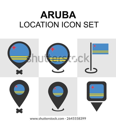 Aruba location icon set with map pins and flag elements. Ideal for Caribbean travel and map applications.