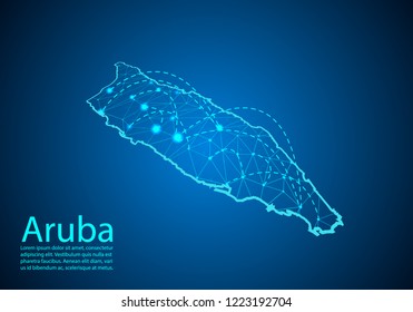 aruba map with nodes linked by lines. concept of global communication and business. Dark aruba map created from white dots with travel locations or internet connection.