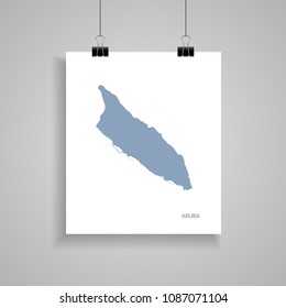 Aruba map poster.  Blue vector map on piece of paper with paper clip, on a gray background. 