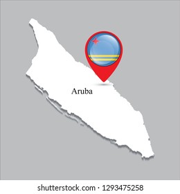 Aruba map with white shadow and country name on the map. Check-in point with a national flag on a gray background.