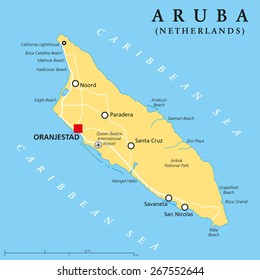 Aruba Political Map with capital Oranjestad and important cities. English labeling and scaling. Illustration.