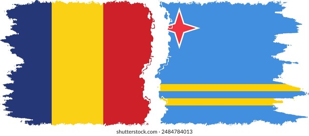 Aruba and Romania grunge flags connection, vector