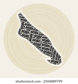 Afiche redondo de Aruba. Imagen de estilo tipográfico de Country. Regiones de nubes de palabras de Aruba. Diseño de Imagen de Antiguas con textura de rasguño.