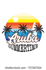 aruba sunset retro design colorful palm tree surf